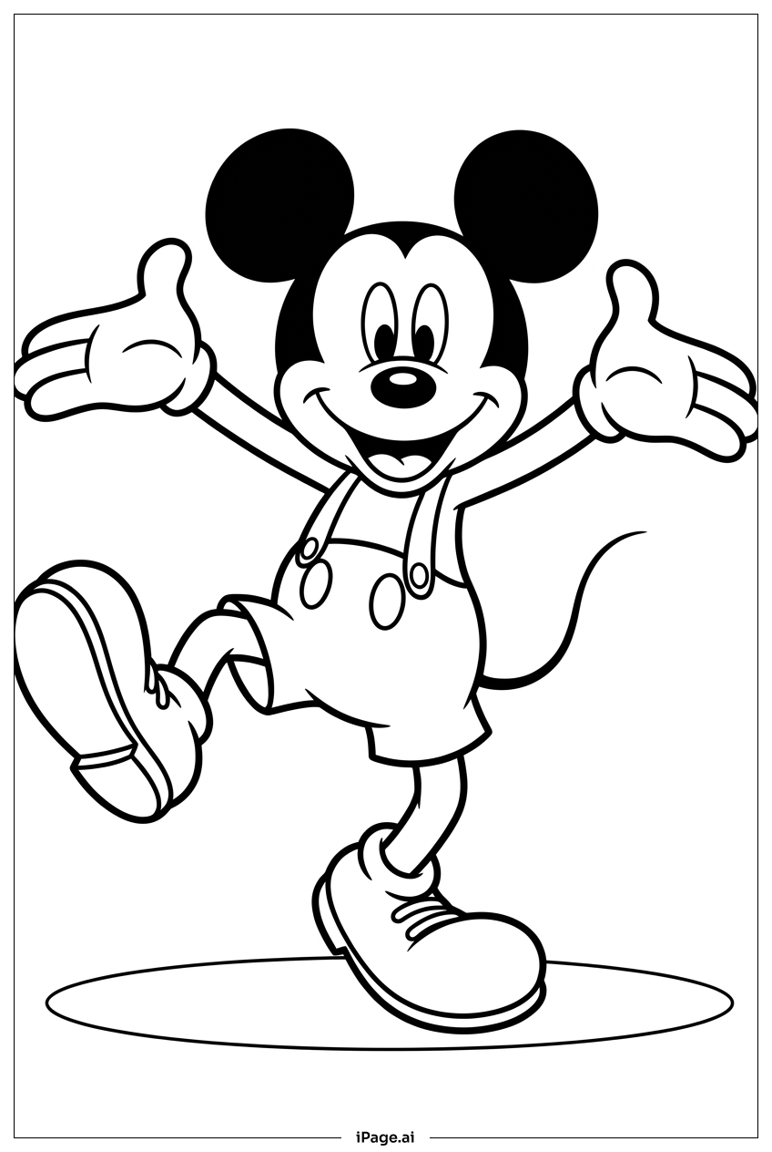 Micky Maus tanzt mit ausgebreiteten Armen Ausmalseite