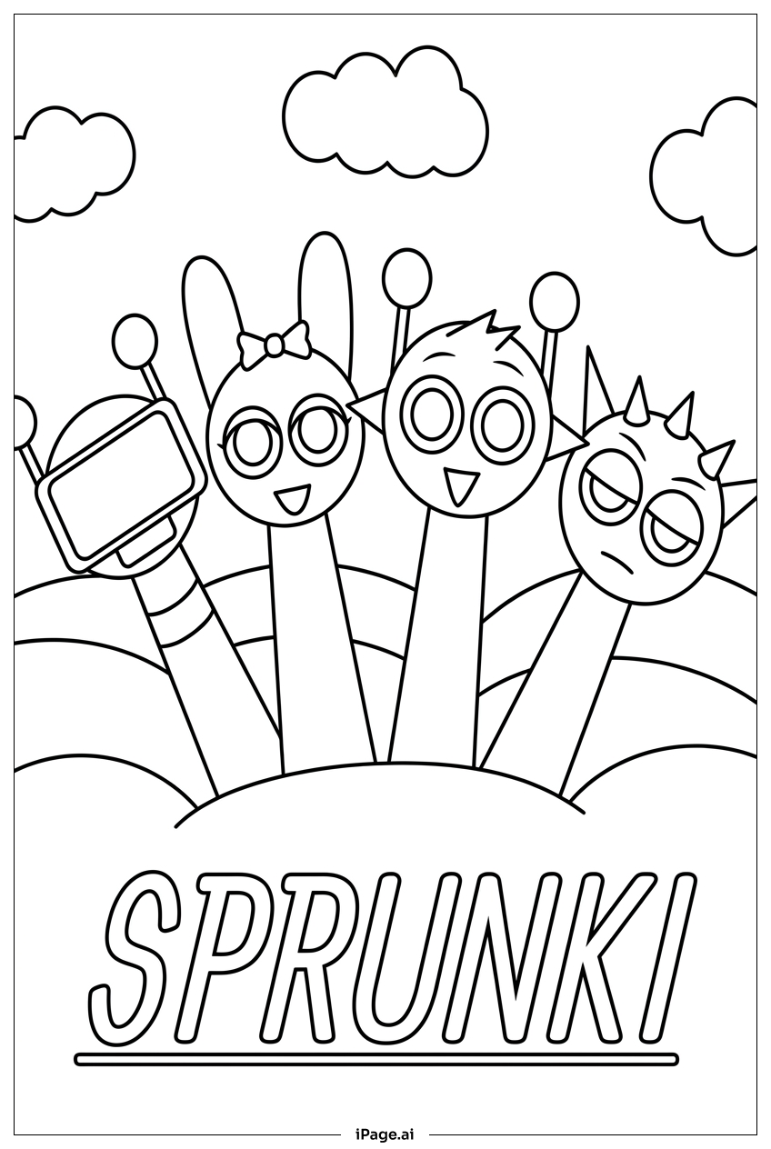 Página para colorir de Amigos Sprunki saudam o nascer do sol sobre o arco-íris