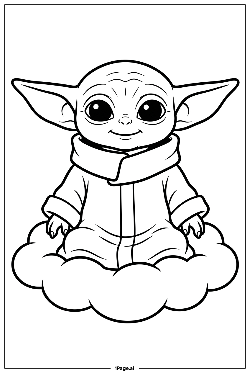 Baby Yoda 在飄浮雲端上靜心冥想著色頁