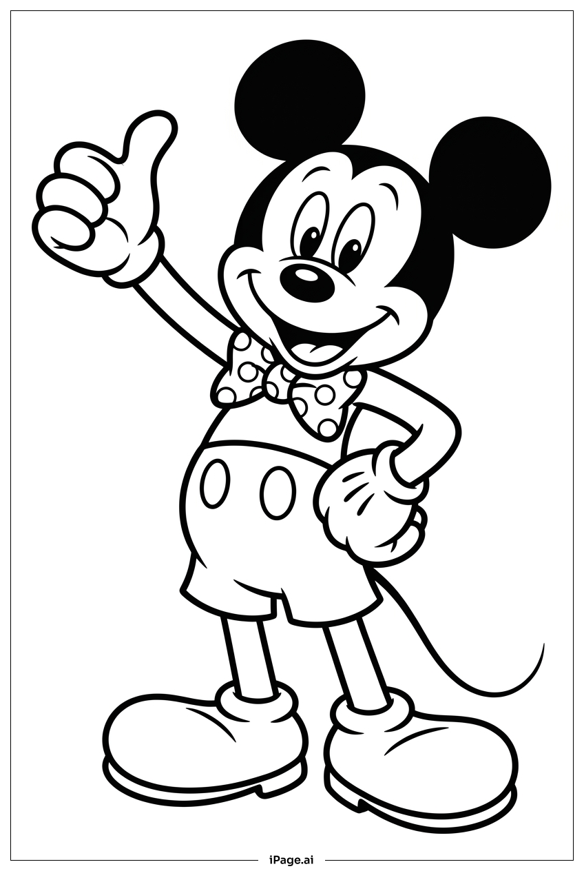 Micky Maus mit Daumen hoch im Fliege Ausmalseite
