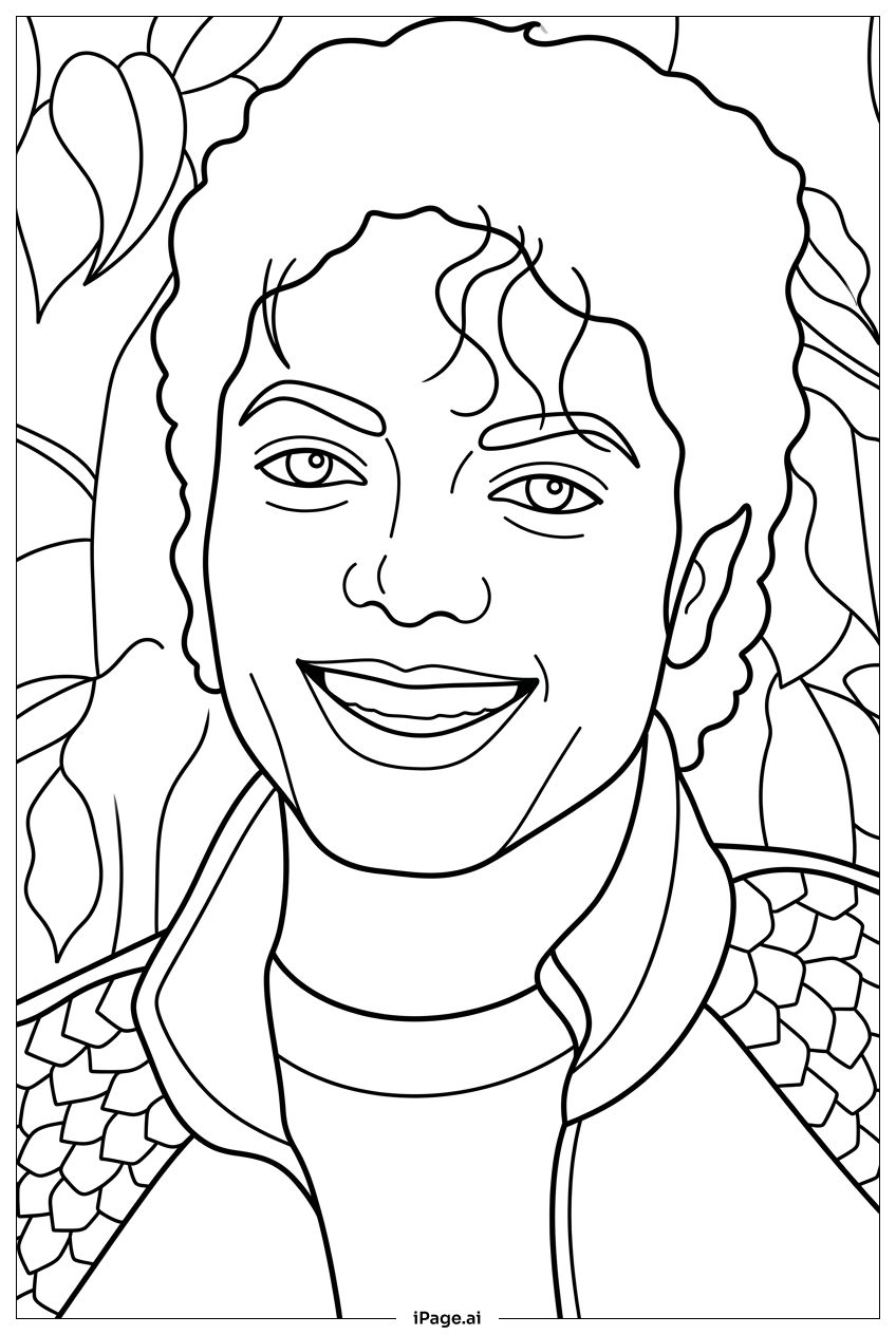  Michael Jackson lächelnd zwischen Blättern und Mustern Ausmalseite 