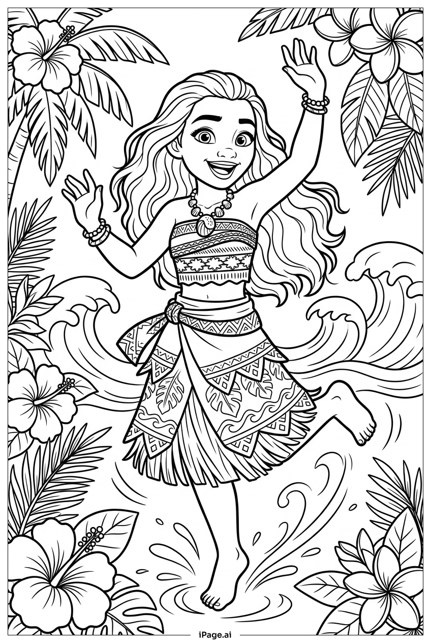 Page de coloriage Moana dansant joyeusement avec des vagues océaniques éclaboussantes