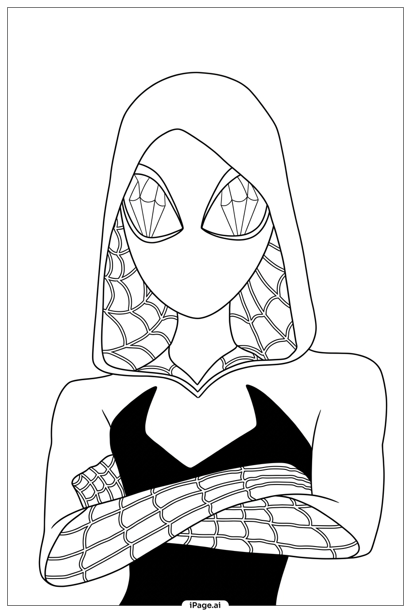 Spider Gwen stern look, arms folded tightly Coloring Page