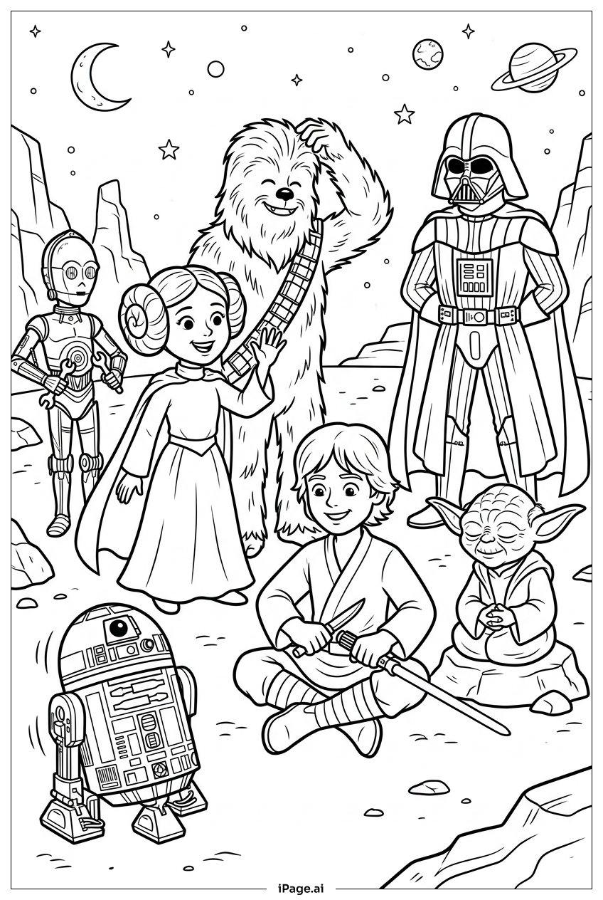  Star Wars heroes meet on desert night Coloring Page 