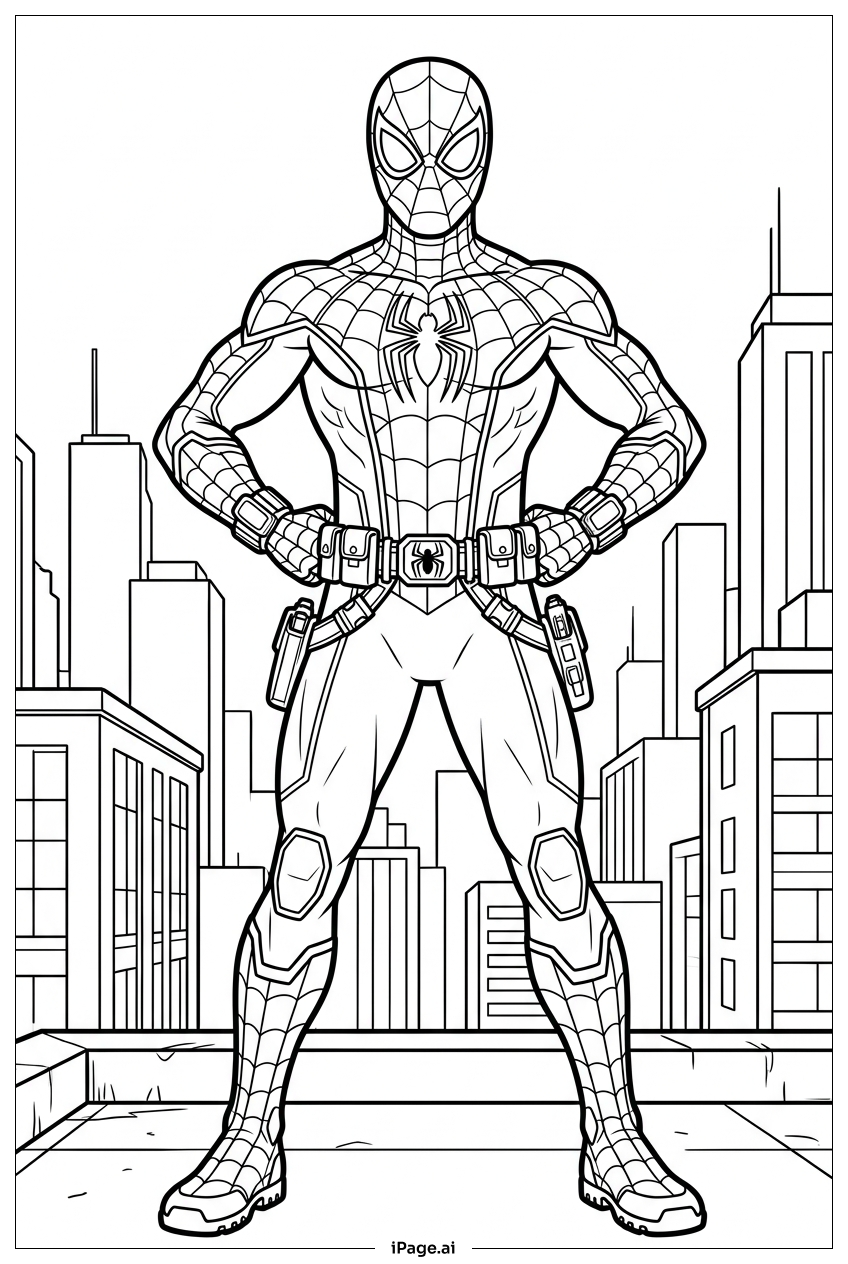 Página para colorir de Homem-Aranha posa heroico com cinto utilitário