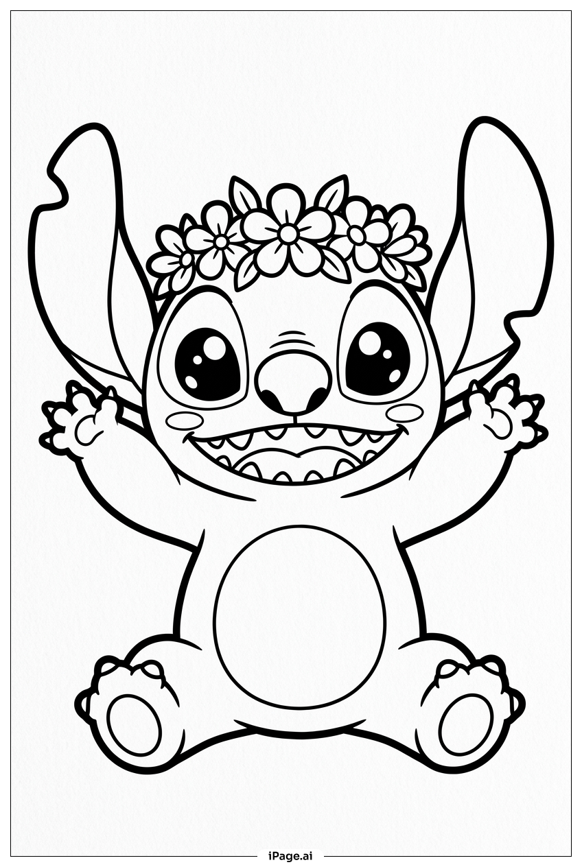 花冠をかぶったスティッチがビーチのオハナを歓迎の塗り絵ページ