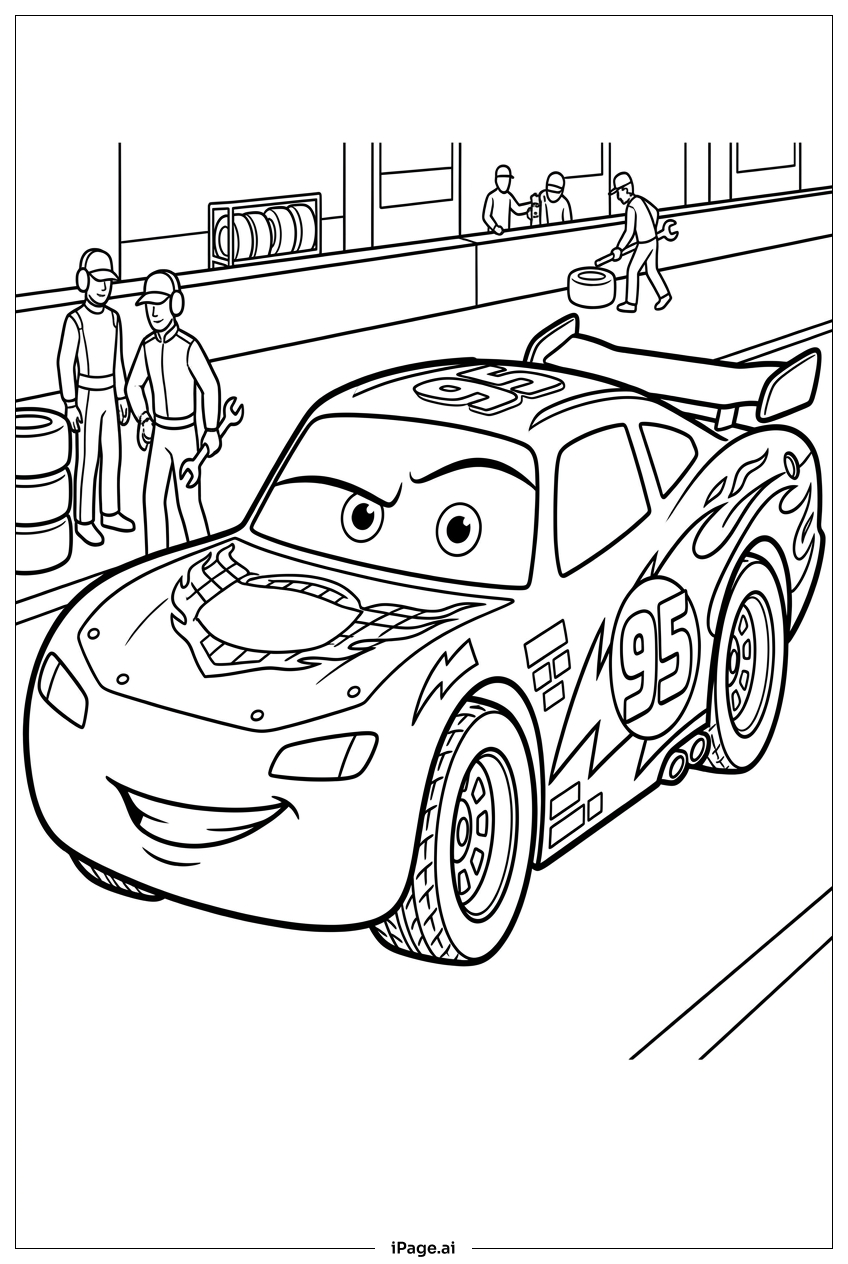 Lightning Mcqueen enters pit lane for service Coloring Page