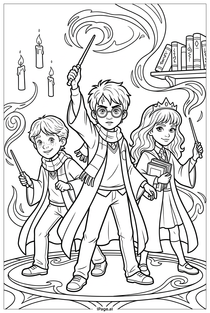 Página para colorir de Harry Potter liderando os amigos no feitiço protetor