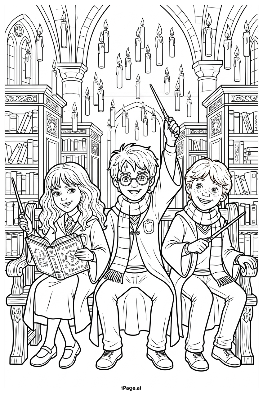 Página para colorir de Harry Potter Lendo e Lancando Feitiço na Biblioteca