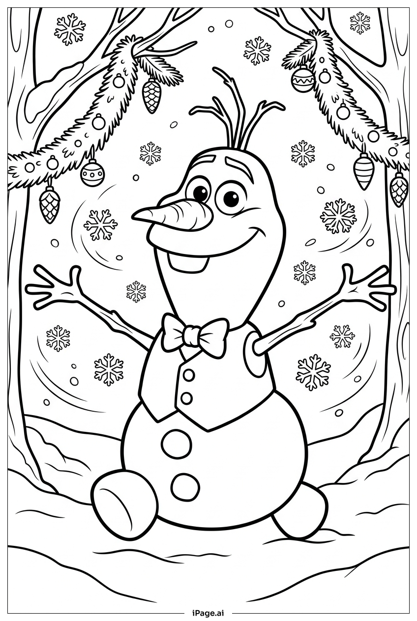 Frozen Olaf feiert unter festlichen Waldgirlanden Ausmalseite