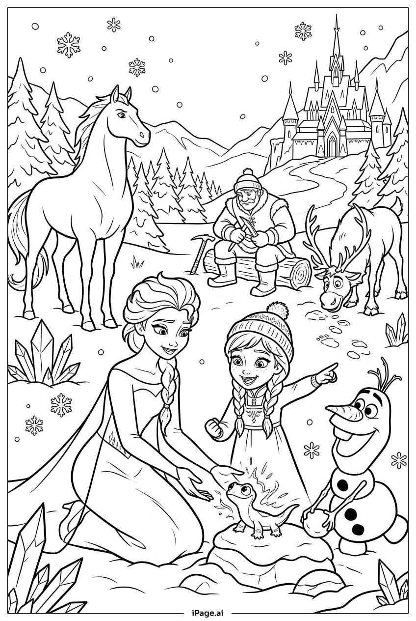 Frozen – Elsa und Anna entdecken einen magischen Salamander Ausmalseite