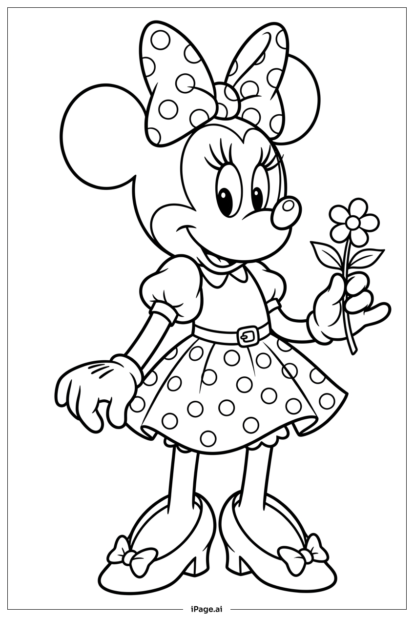 Minnie Mouse hält eine Blume mit einem Lächeln Ausmalseite