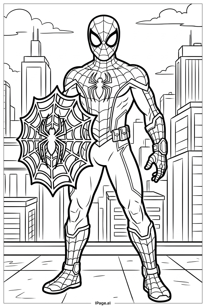 Página para colorir de Homem-Aranha bloqueia ataque com escudo de teia