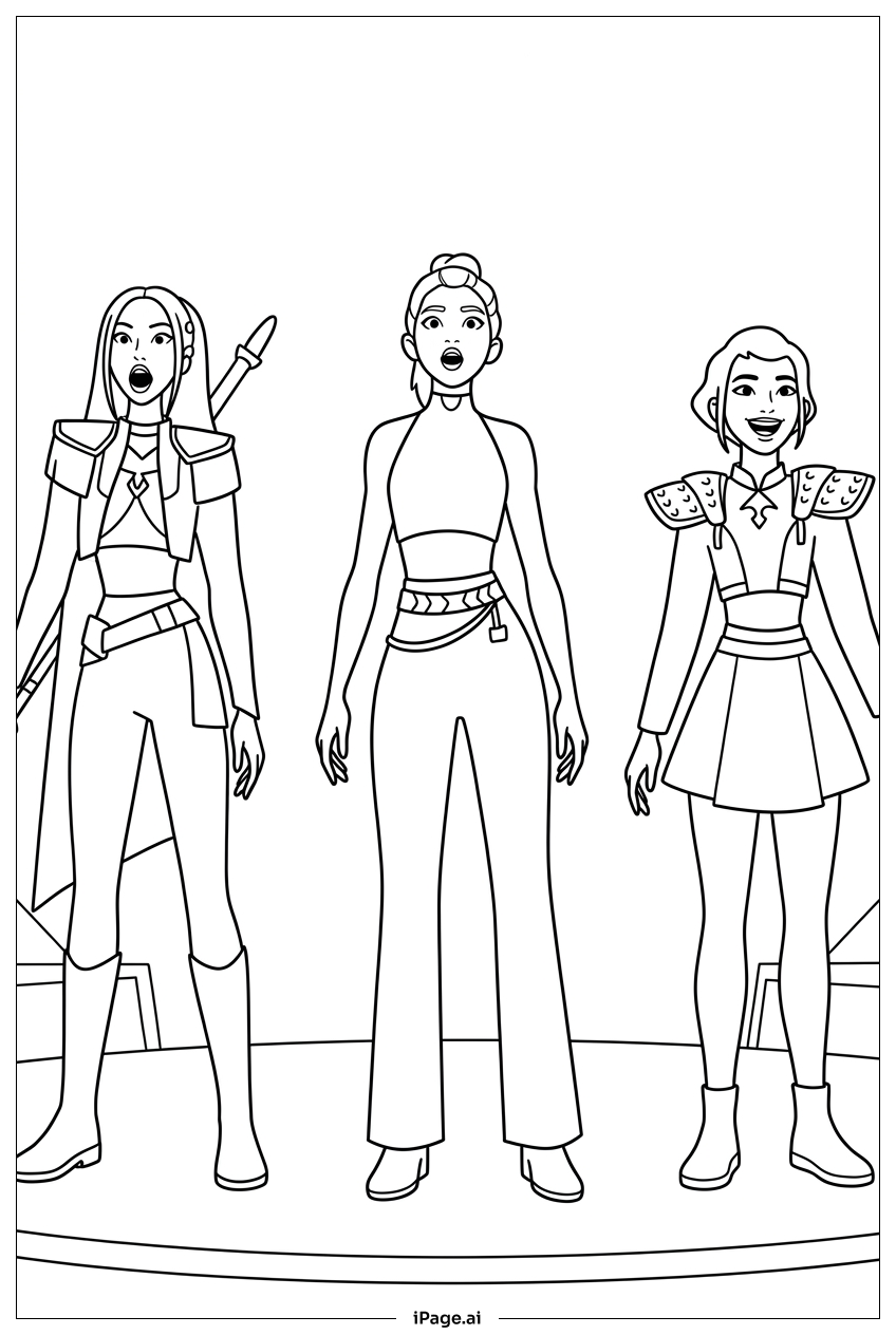  Kpop Demon Hunters trio rehearse on stage Coloring Page 