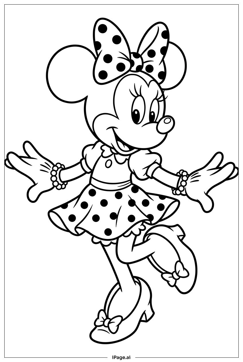 Minnie Mouse tanzt anmutig mit niedlichen Armbändern Ausmalseite