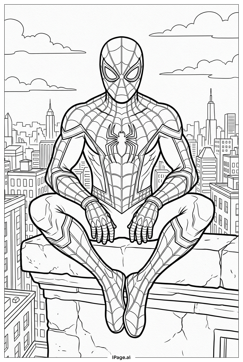 Página para colorir de Homem-Aranha medita de pernas cruzadas acima da cidade movimentada