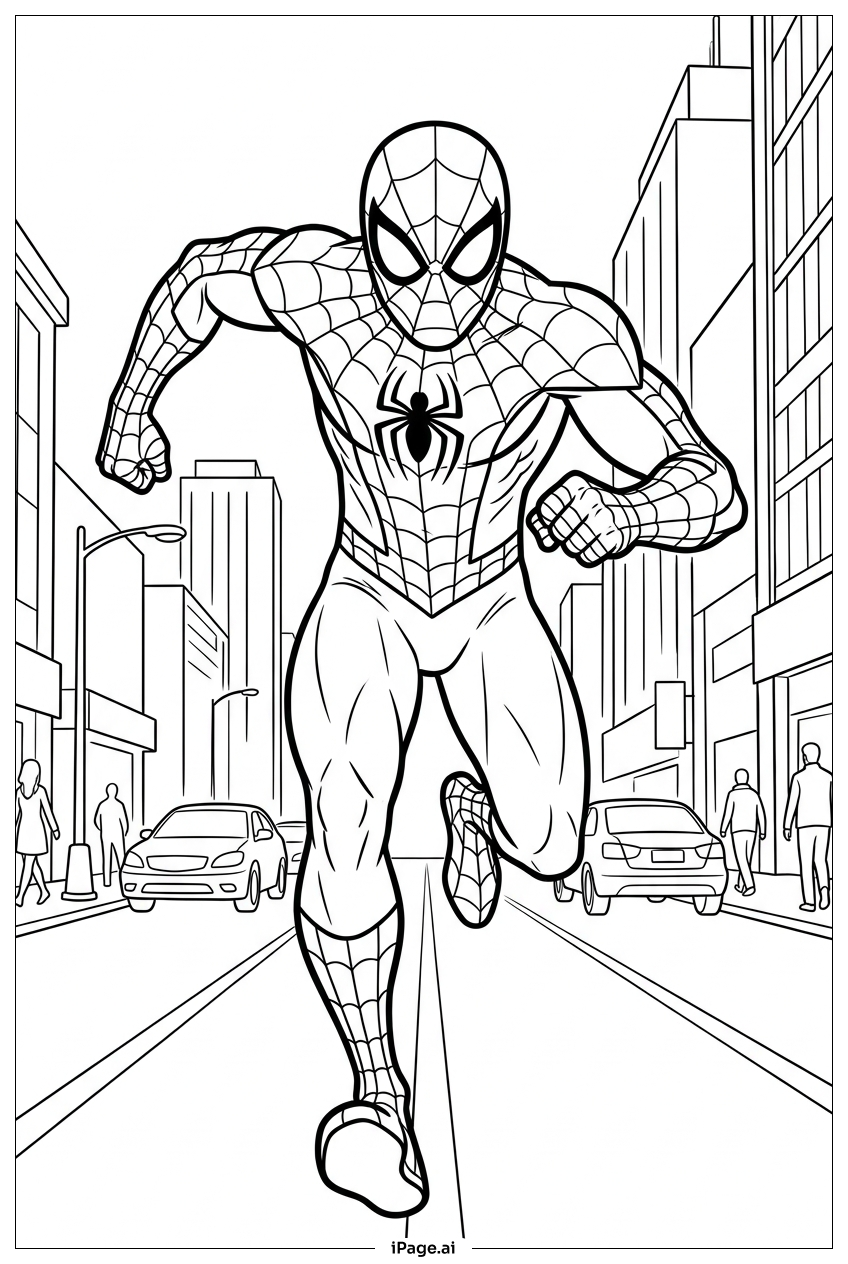Página para colorir de Homem-Aranha corre pela rua atrás do carro de fuga
