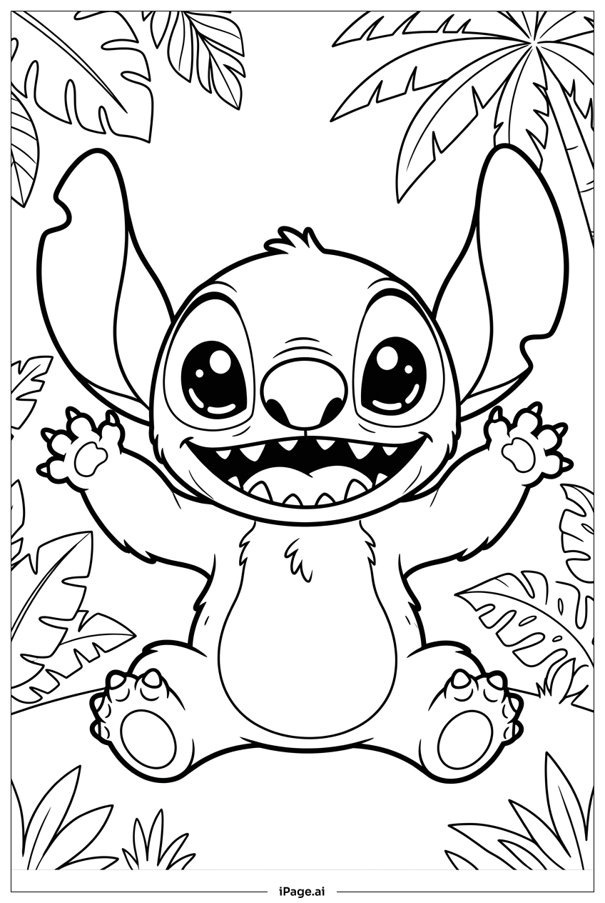 トロピカルな葉と葉柄の間で微笑むスティッチの塗り絵ページ