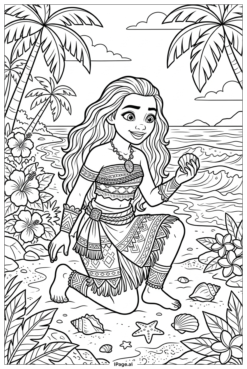 Page de coloriage Moana ramassant de jolis coquillages sur le rivage sablonneux