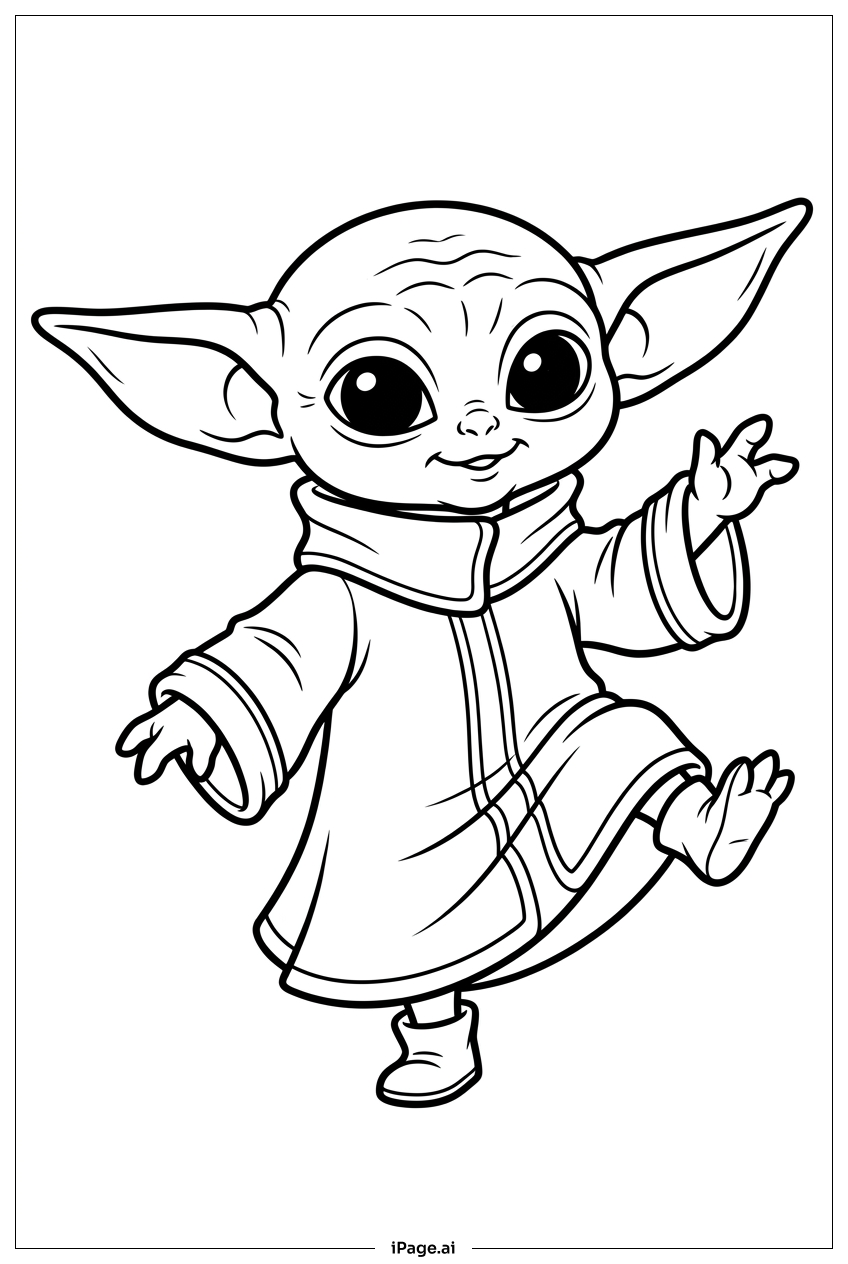 Baby Yoda 穿著舒適浴袍開心跳舞著色頁