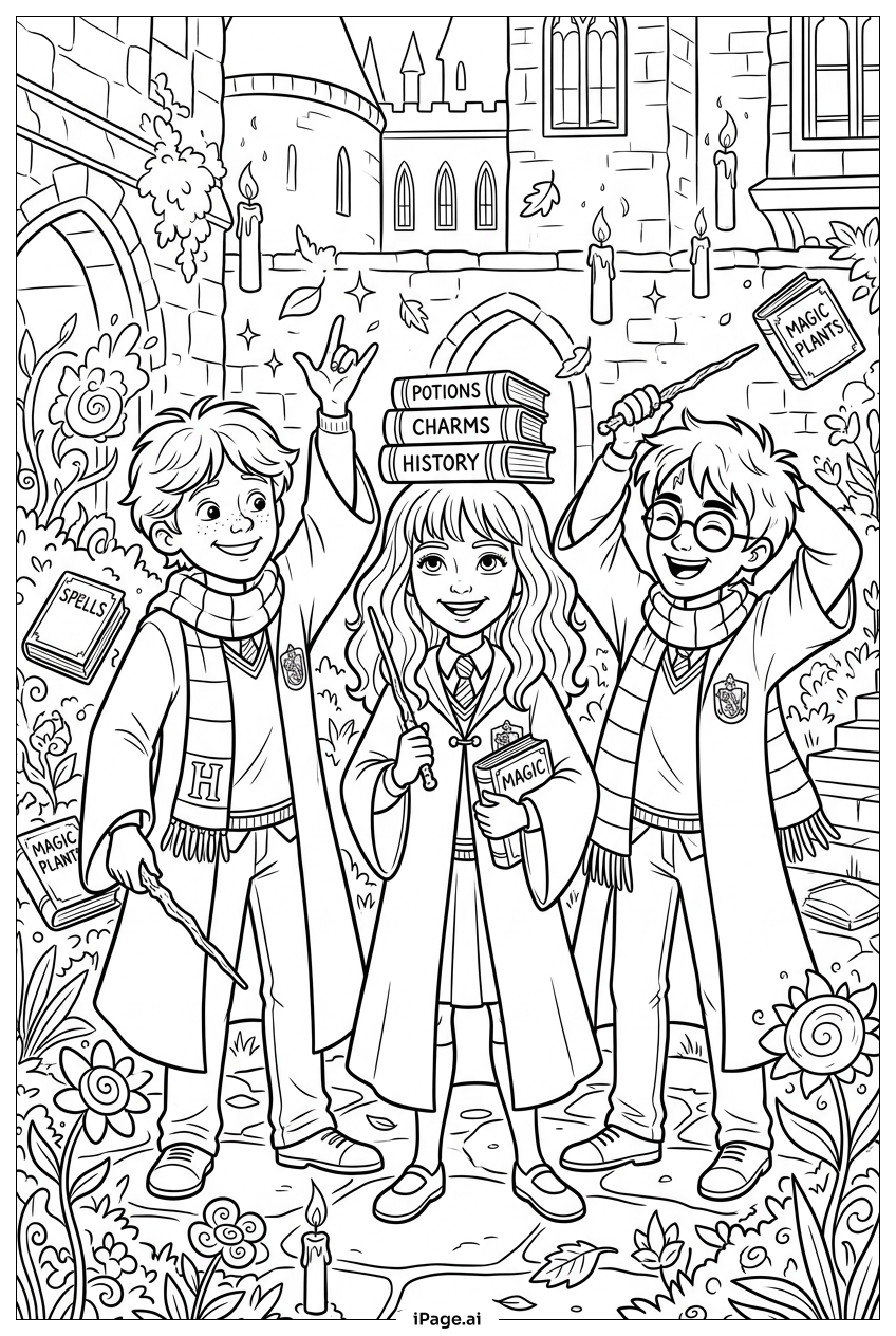 Página para colorir de Harry Potter Celebrating Studies In Courtyard
