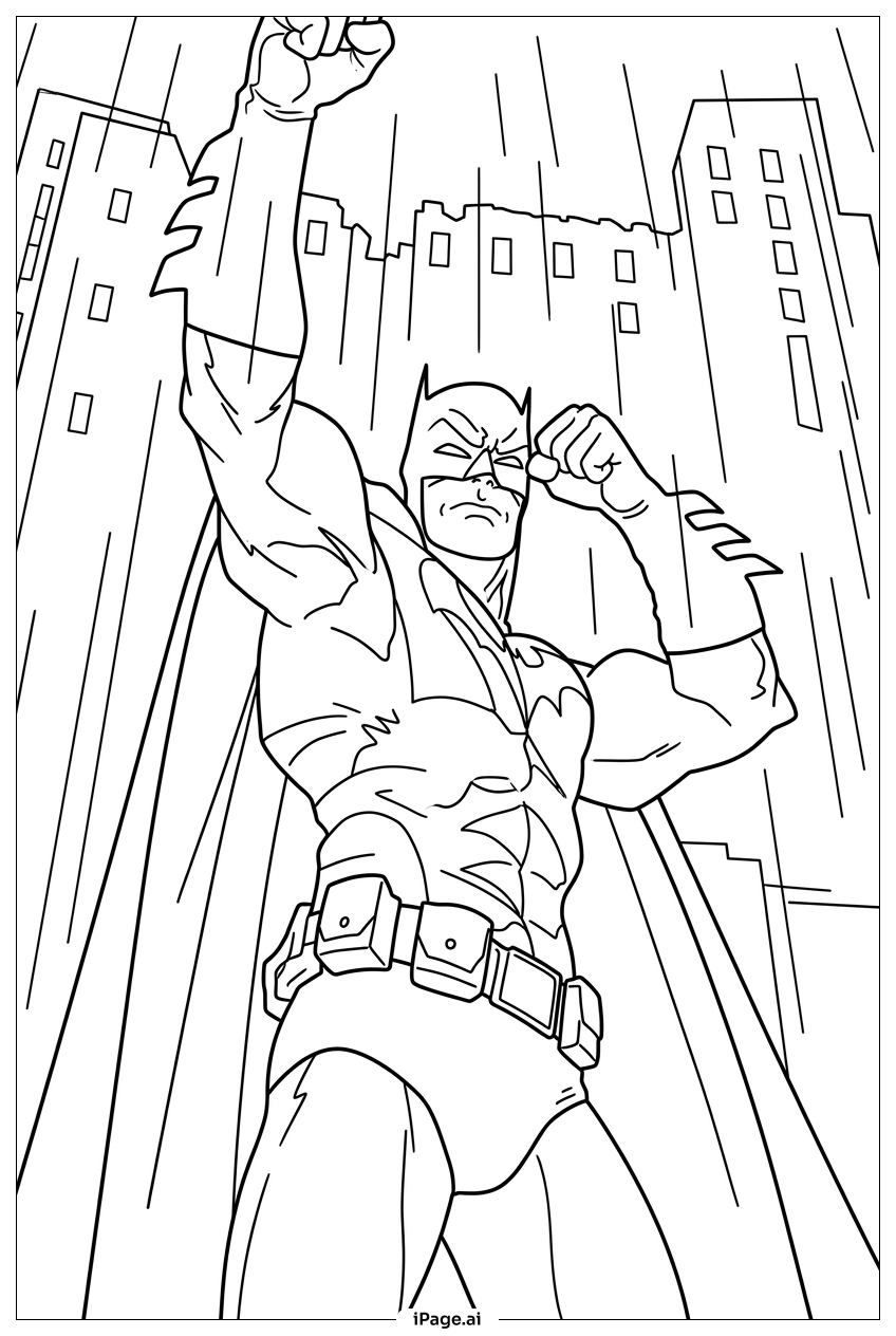 Batman Raises Fist Against Pouring Rain Coloring Page