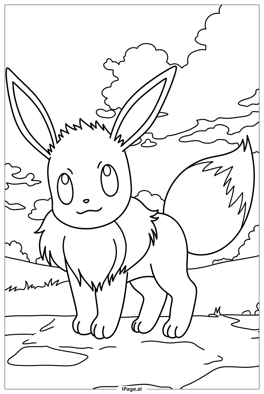 Página para colorir de Eevee Observando as Nuvens Sobre Colinas Onduladas