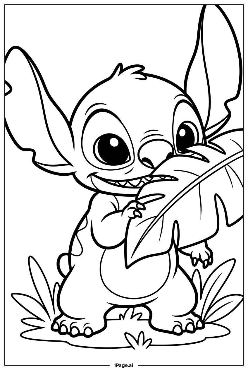 スティッチが巨大な熱帯の葉の後ろに遊び心たっぷりに隠れているの塗り絵ページ