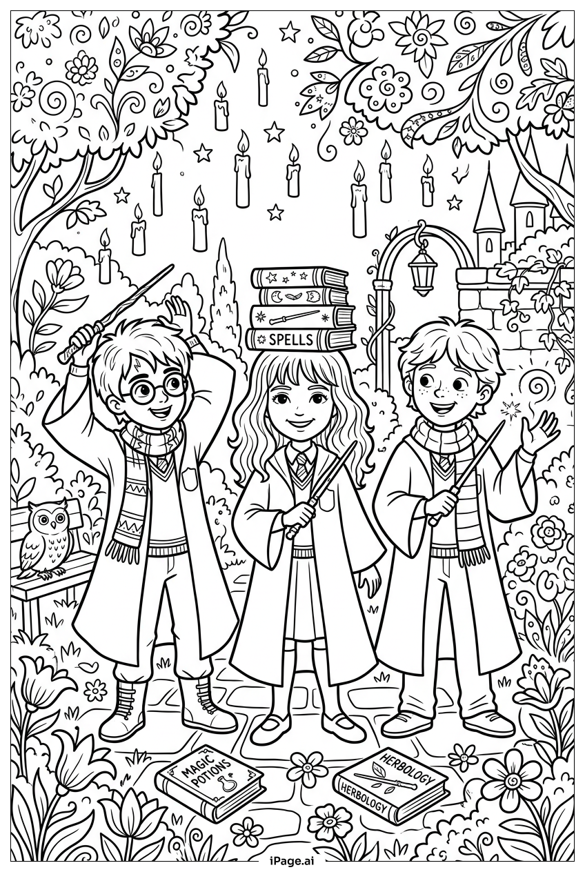Página para colorir de Harry Potter Aproveitando o Estudo no Jardim com Amigos