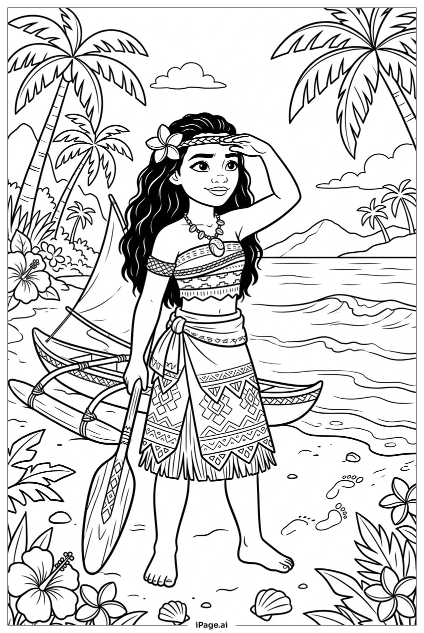 Page de coloriage Moana explorant l'horizon à côté de sa pirogue robuste