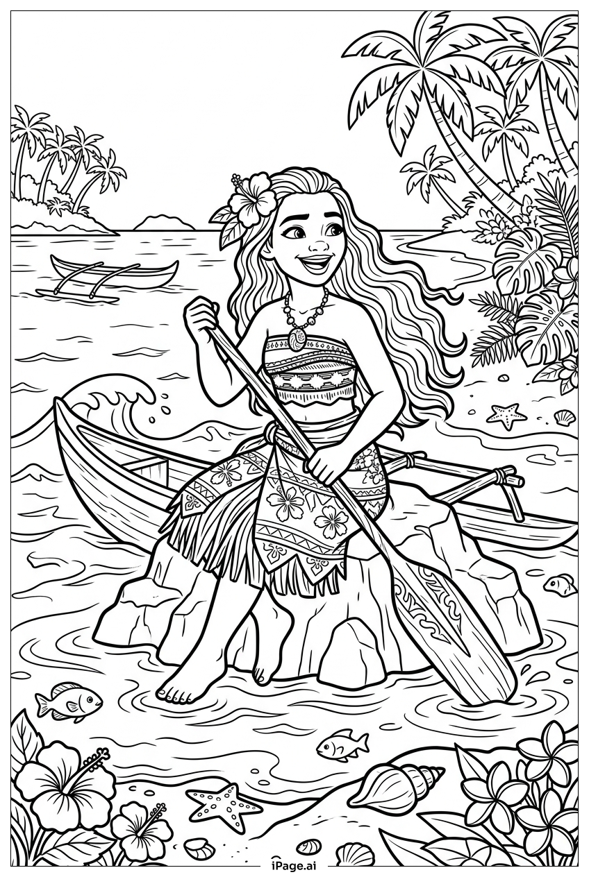 Page de coloriage Moana reposant sur un rocher près d'une pirogue amicale
