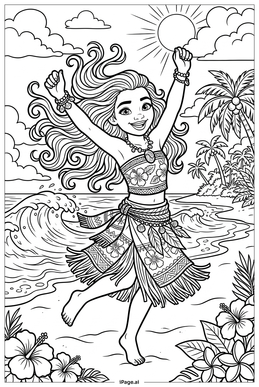 Page de coloriage Moana célébrant le soleil en dansant près des rouleaux de la mer