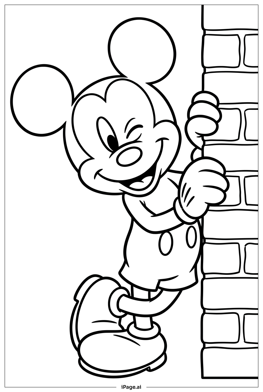 Micky Maus lugt hinter einer Ziegelmauer hervor Ausmalseite
