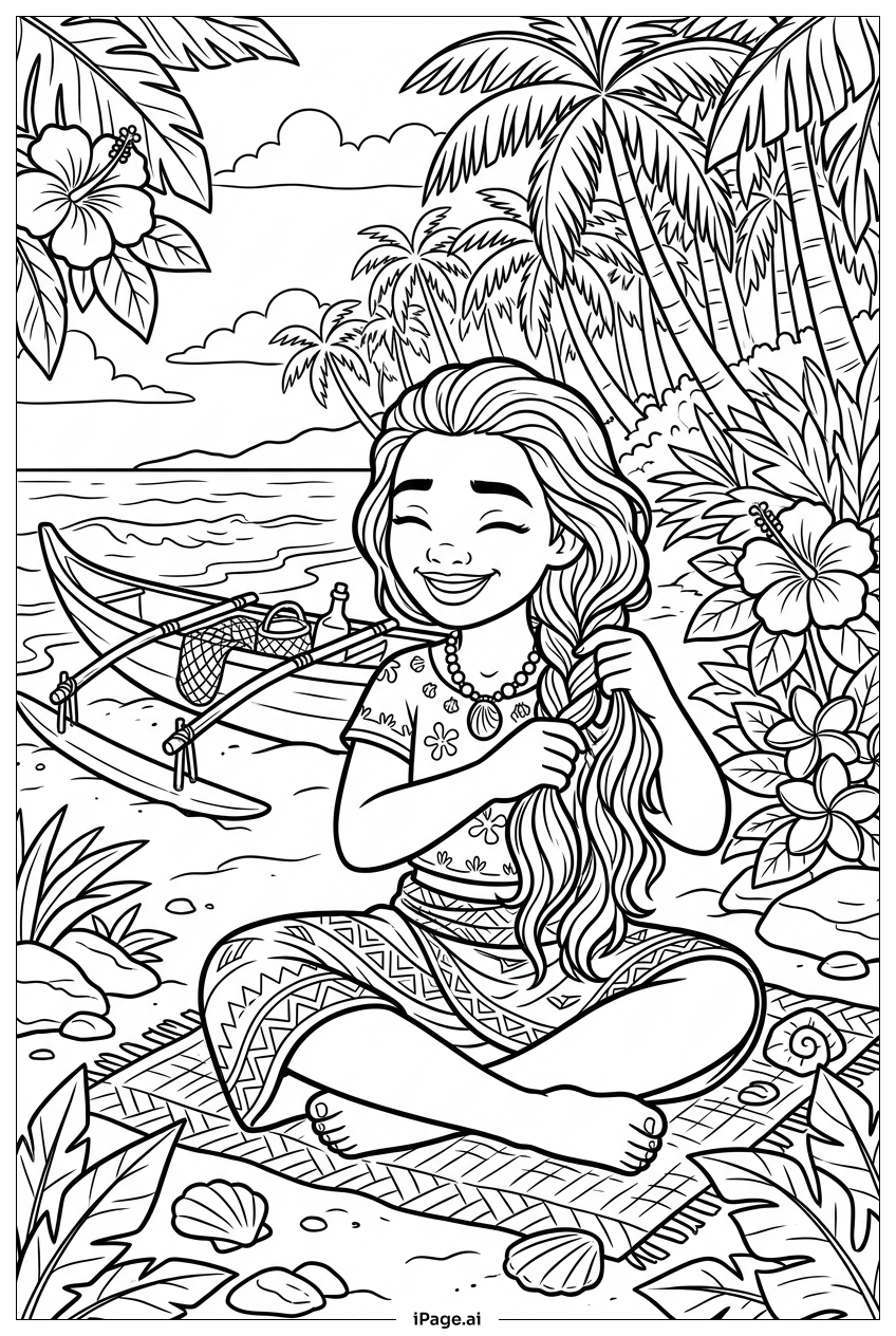 Page de coloriage Moana tressant paisiblement ses cheveux près de la pirogue de pêche