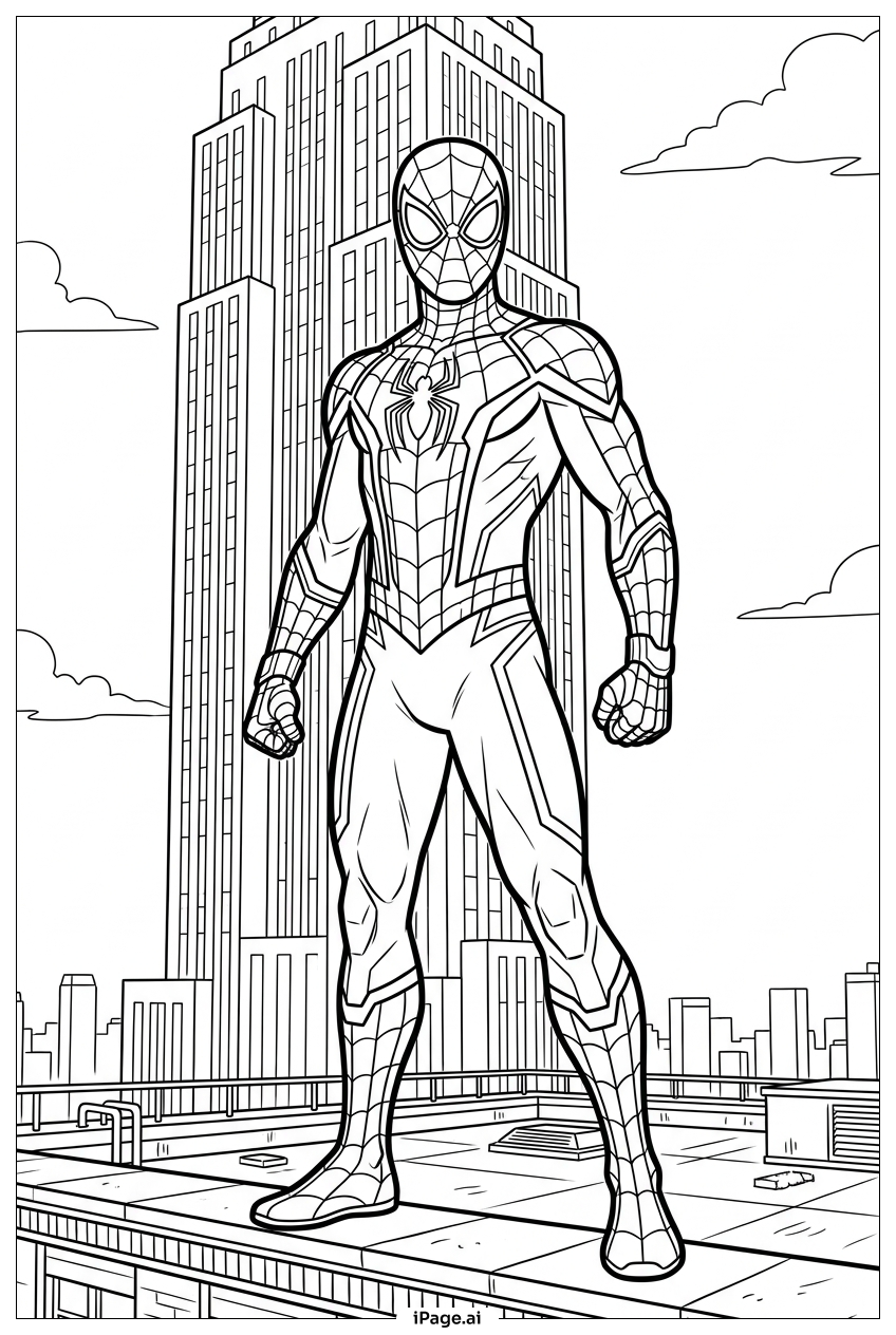 Página para colorir de Spiderman guarda a torre do topo do telhado