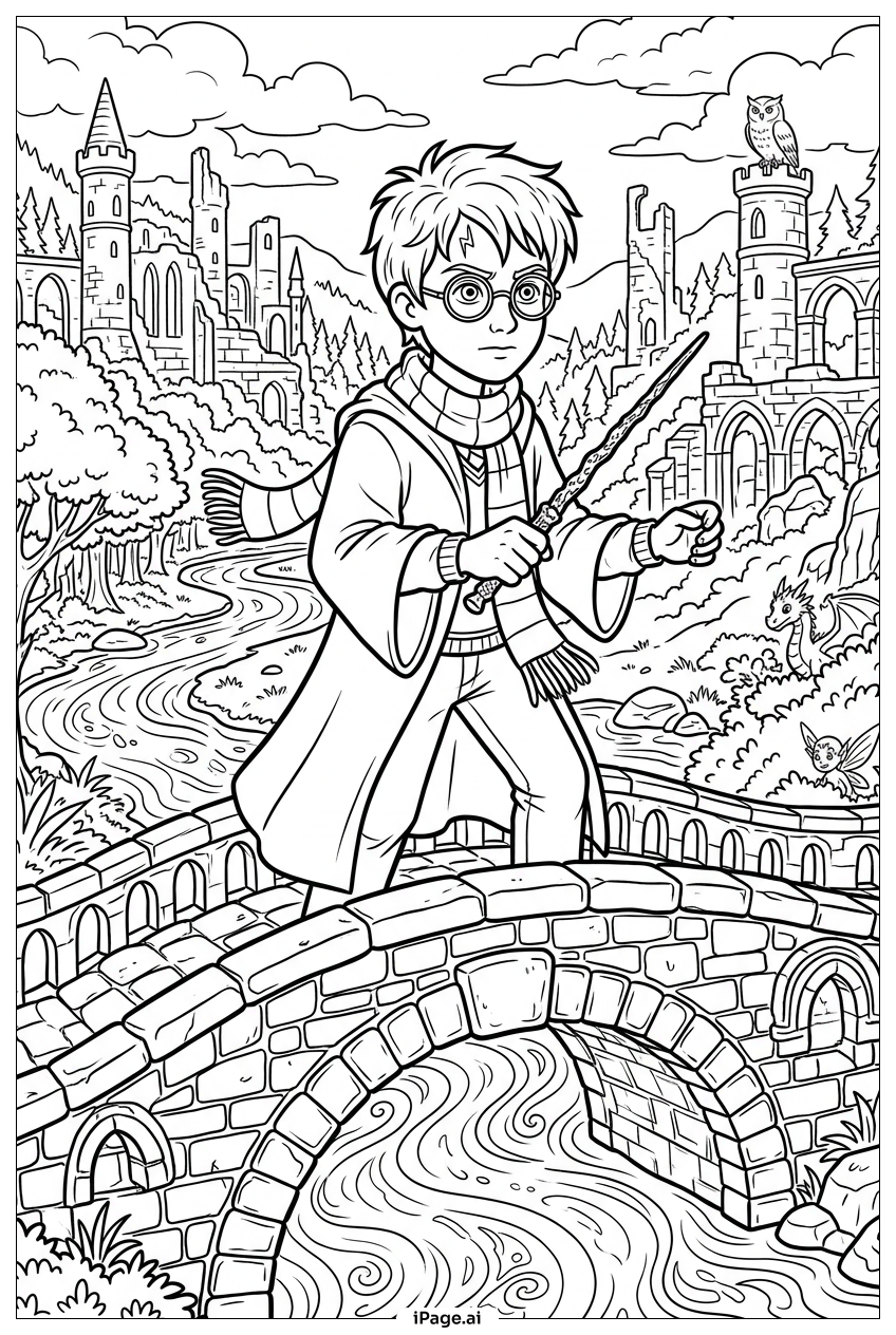 Página para colorir de Harry Potter Atravessando Ponte Perto das Ruínas