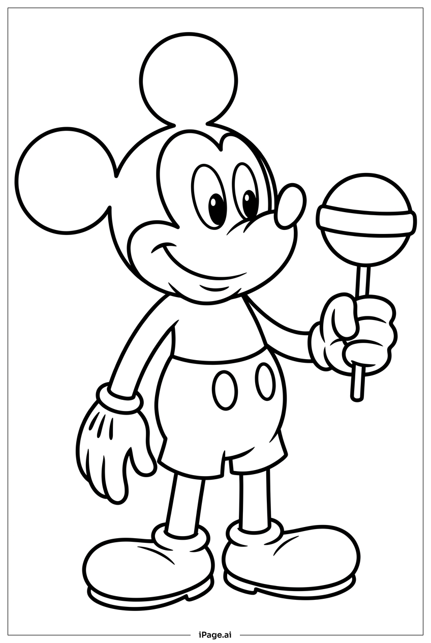 Micky Maus hält einen runden Lolli Ausmalseite