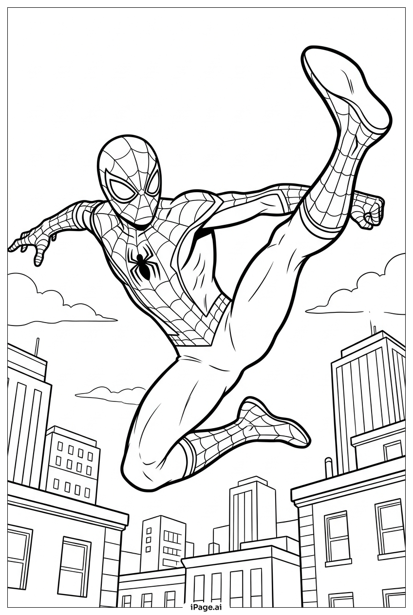 Página para colorir de Homem-Aranha salta alto chutando através do horizonte