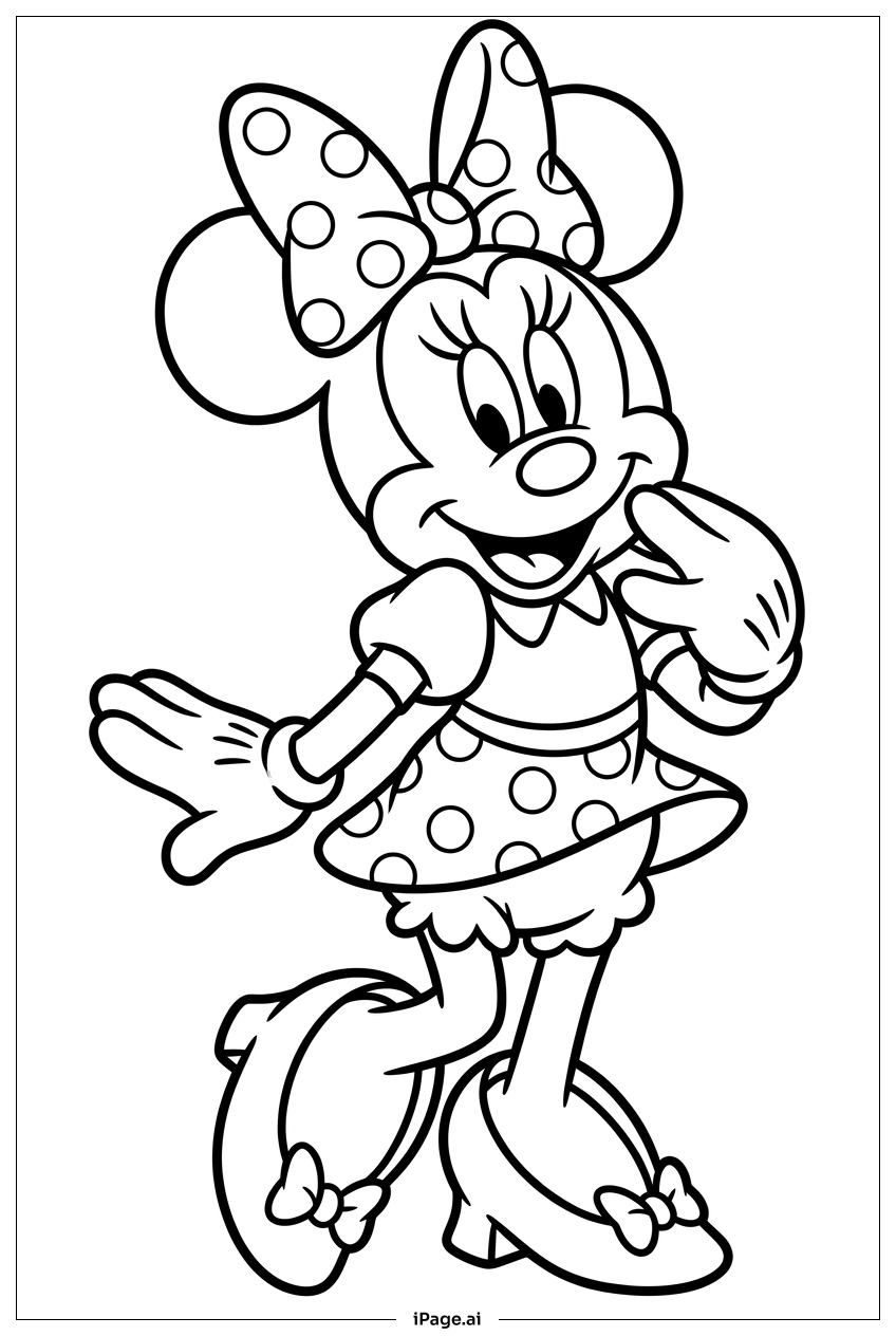 Minnie Mouse kichert schüchtern in verspielter Pose Ausmalseite