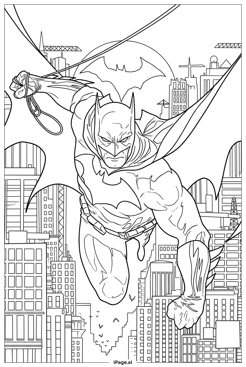 Batman Swings Above Gotham City At Dawn