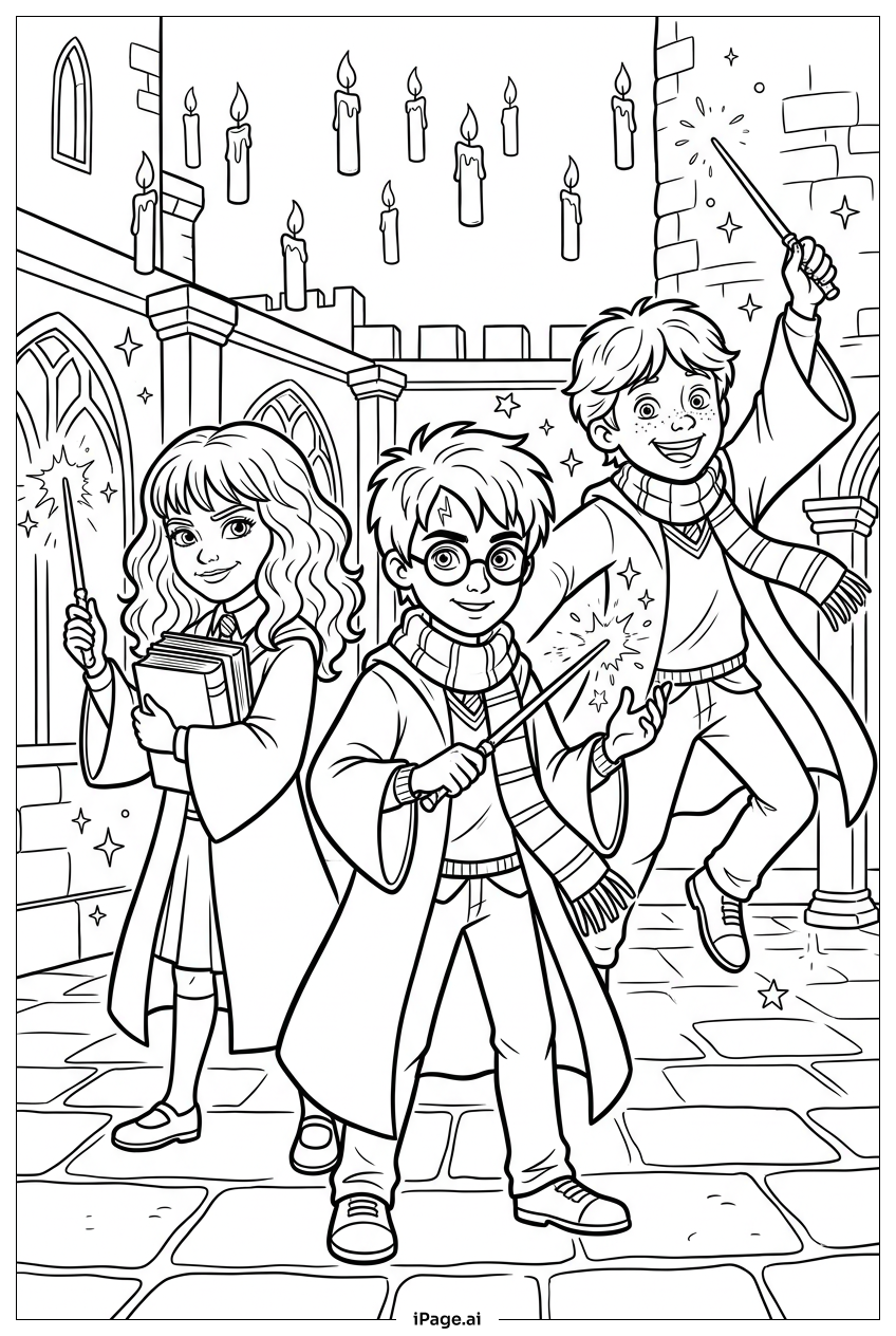 Página para colorir de Harry Potter Praticando Magia Com Hermione E Ron