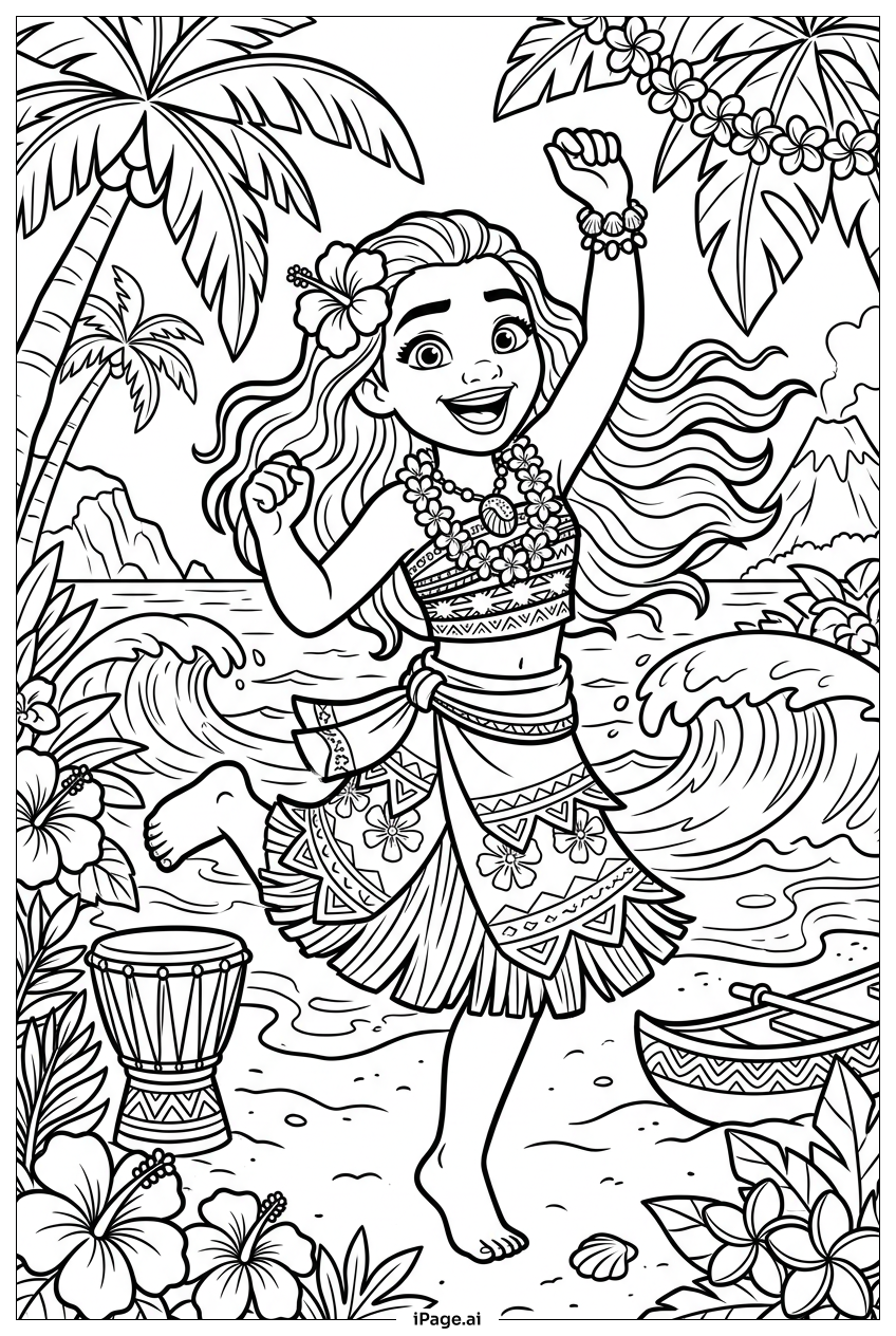 Page de coloriage Moana dansant au rythme des tambours près des vagues écumeuses