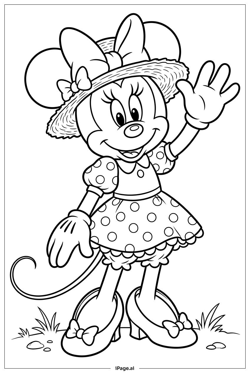 Minnie Mouse winkt fröhlich mit Sommerhut Ausmalseite