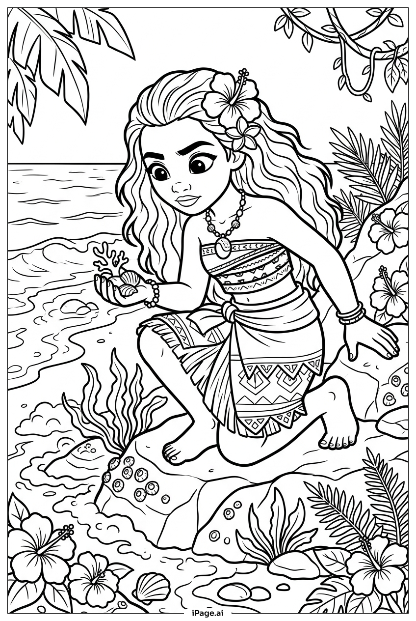 Page de coloriage Moana étudiant les trésors de corail au bord de la marée