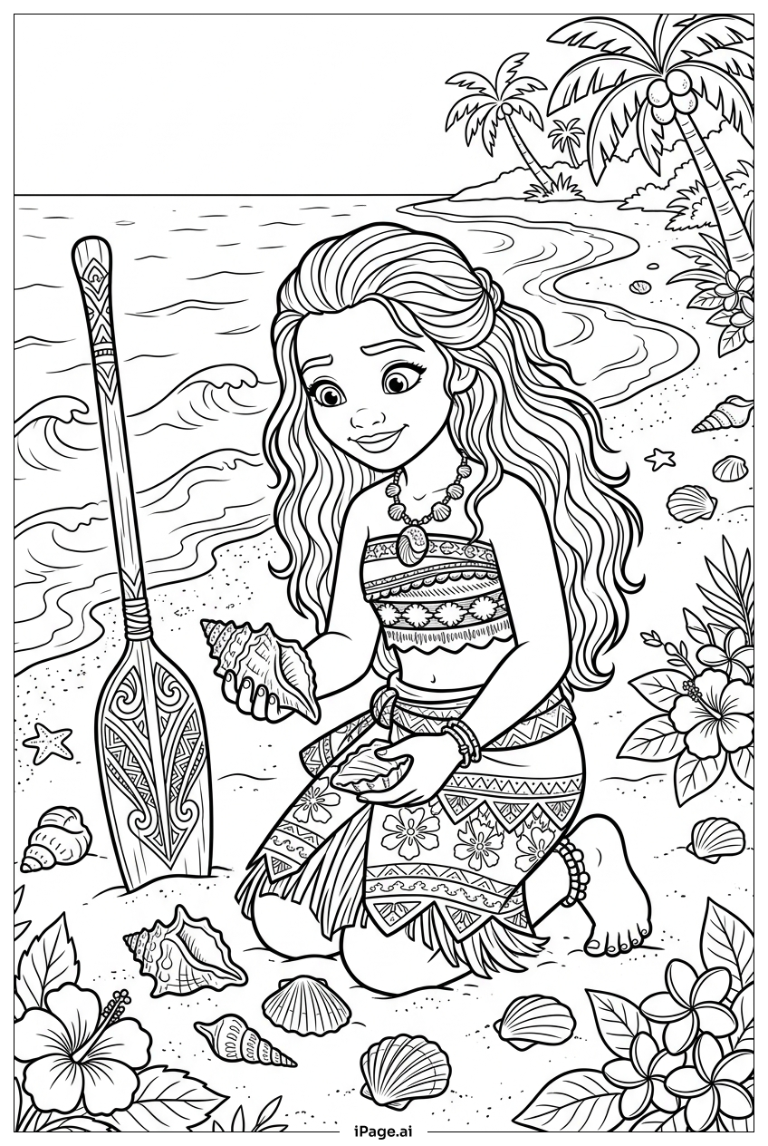 Page de coloriage Moana examinant des coquillages colorés sur une plage calme
