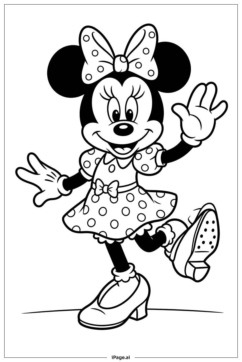 Minnie Mouse winkt und hüpft vorwärts Ausmalseite
