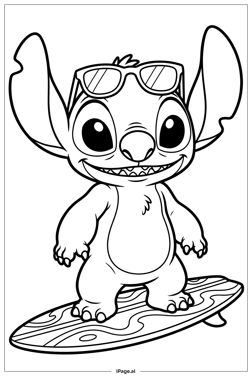 サーフボードにバランスを取るスティッチ、かっこいいサングラスをかけているの塗り絵ページ