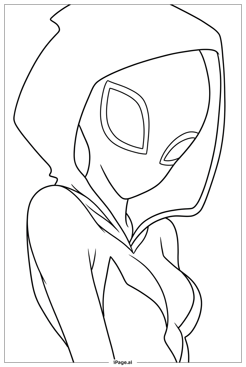 Spider Gwen shy glance beneath wide hood Coloring Page