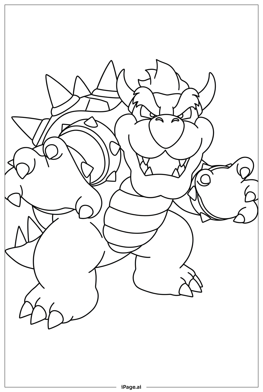 Front view Bowser advances with open claws Coloring Page
