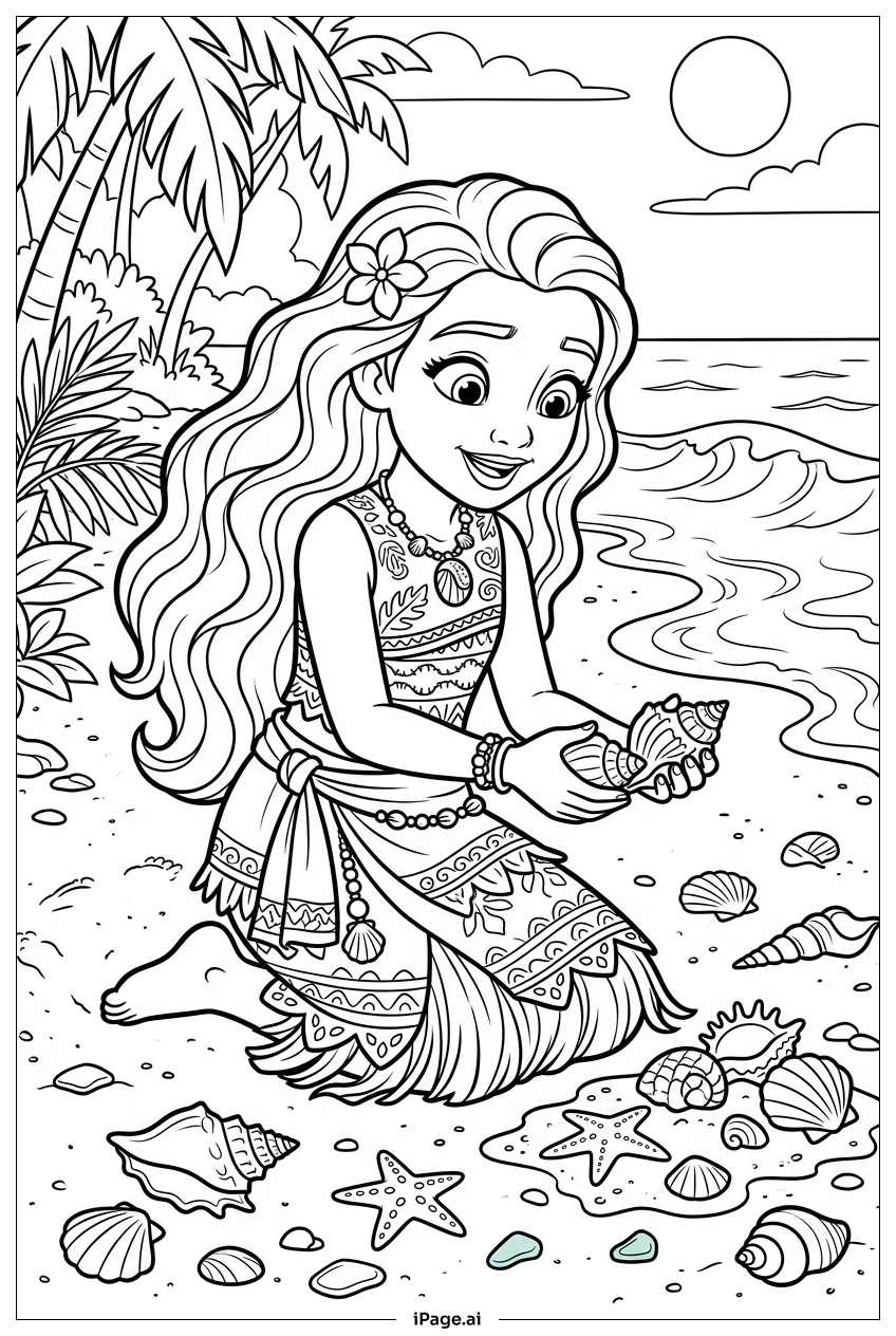 Page de coloriage Moana découvrant des coquillages brillants près du doux roulis des vagues